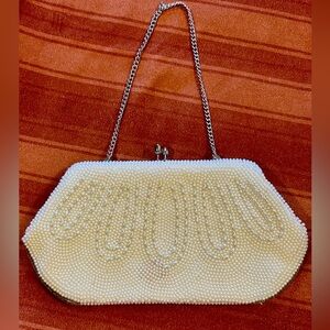 Vintage 1950s Beaded Pearl Evening Clutch Purse with Chain – Made in Japan